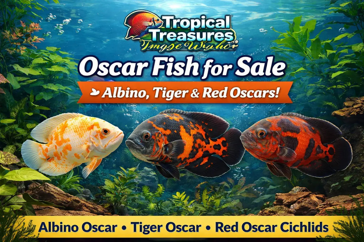 Oscar fish for sale collection featuring albino, tiger, and red oscar cichlids with Tropical Treasures Wyo