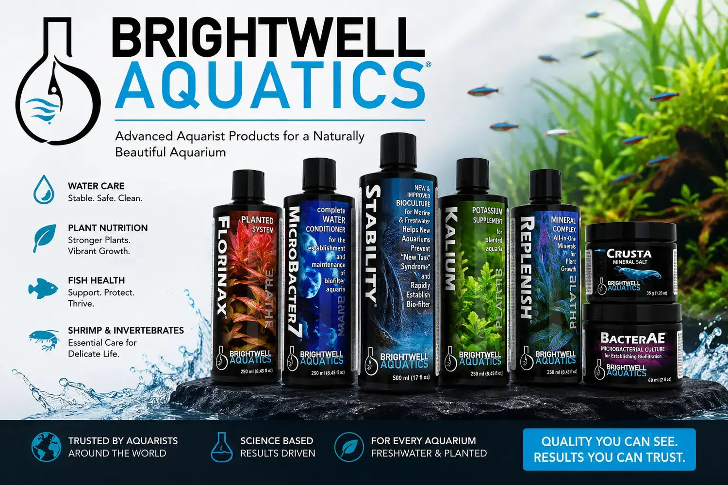 Brightwell Aquatics aquarium care products for freshwater fish tanks, planted aquariums, shrimp tanks, cichlid setups, and aquarium water treatment.