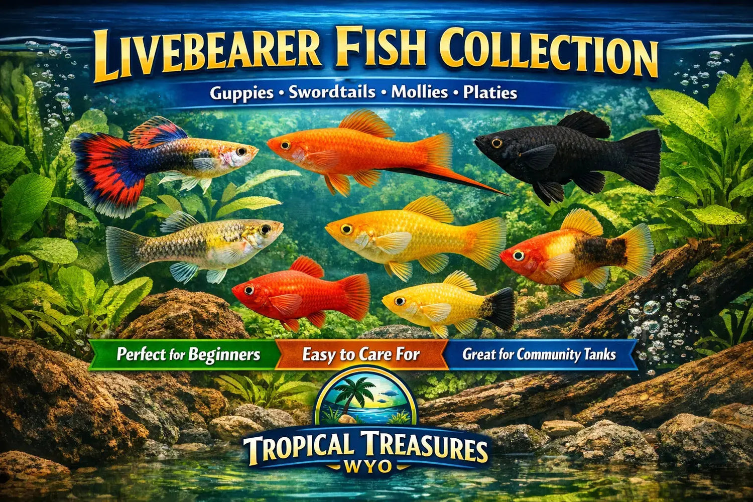 Livebearer fish collection featuring guppies, swordtails, mollies and platies for sale at Tropical Treasures Wyo