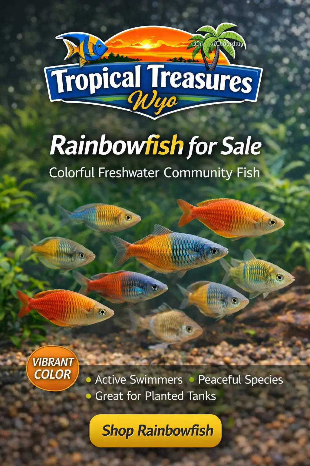 Rainbowfish collection – school of colorful freshwater rainbowfish with iridescent bodies swimming in a planted community aquarium.