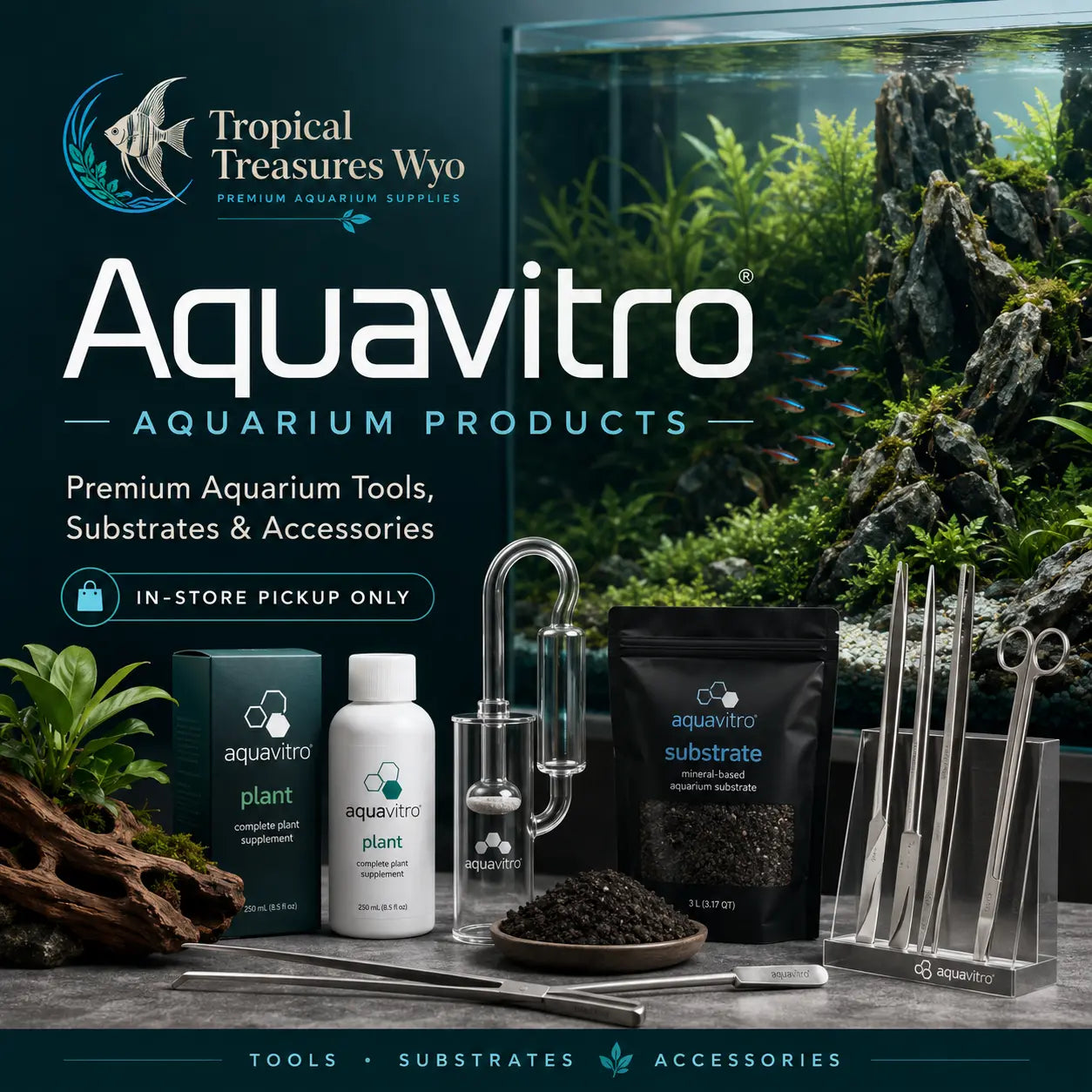 Aquavitro aquarium products including aquascaping tools, substrates, supplements, and accessories available for in-store pickup at Tropical Treasures Wyo in Cheyenne Wyoming.