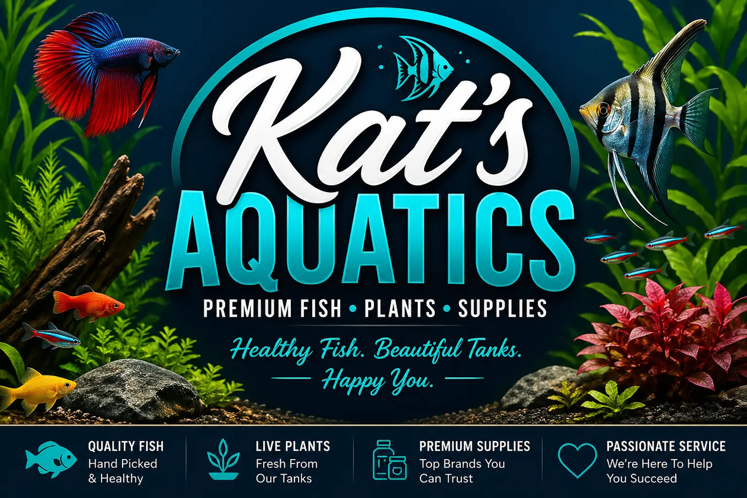 Kat’s Aquatics collection banner with freshwater fish, shrimp, plants, and aquarium supplies display