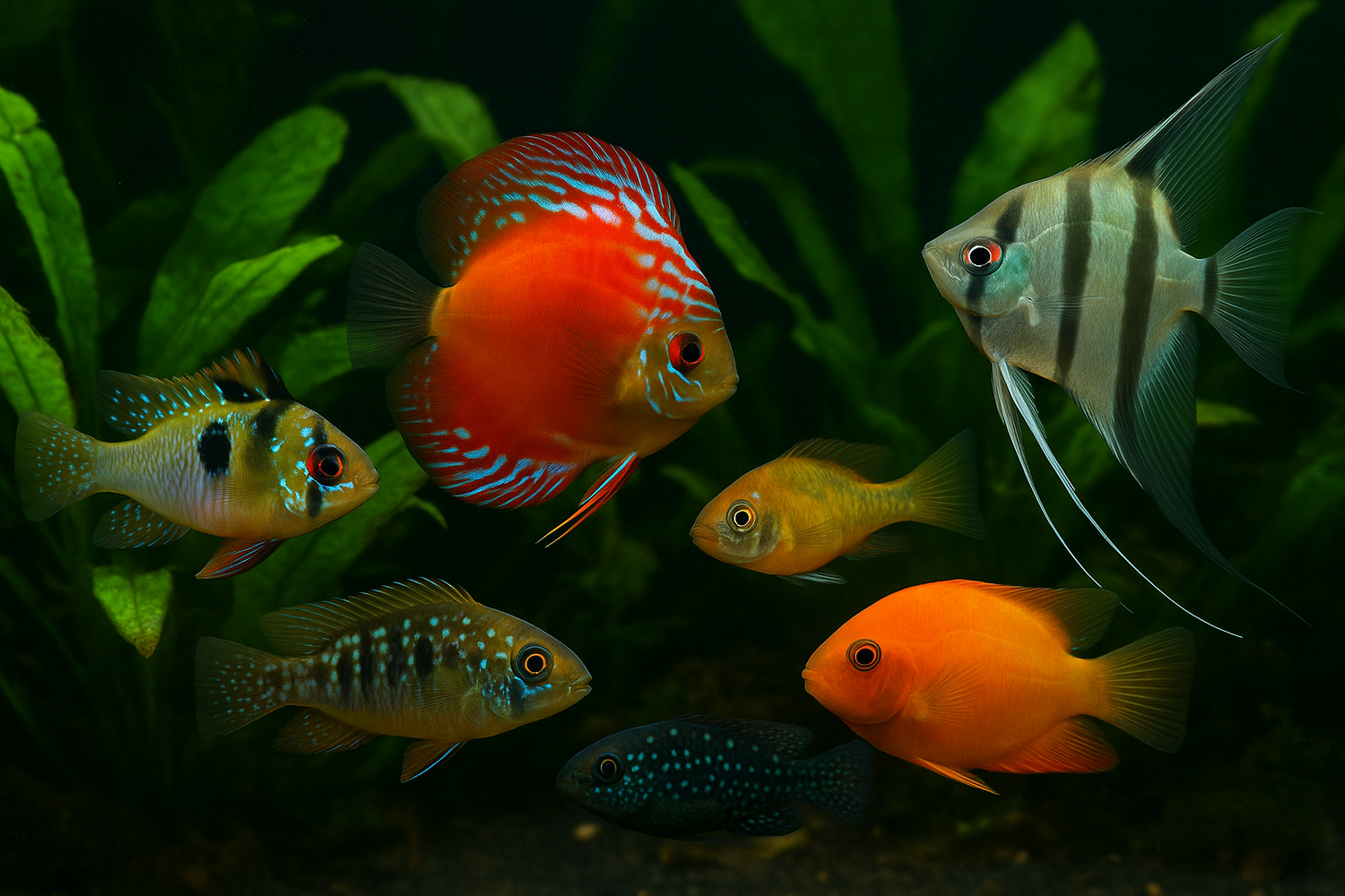 South American Cichlids Collection – freshwater species including angelfish, discus, rams, apistogramma, severums, and jack dempseys in planted aquariums.