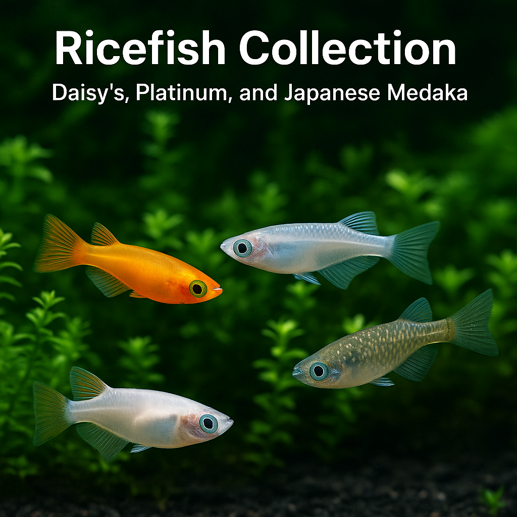Ricefish Collection – freshwater Oryzias species including Daisy’s, Platinum, and Japanese Medaka ricefish in a planted nano aquarium.