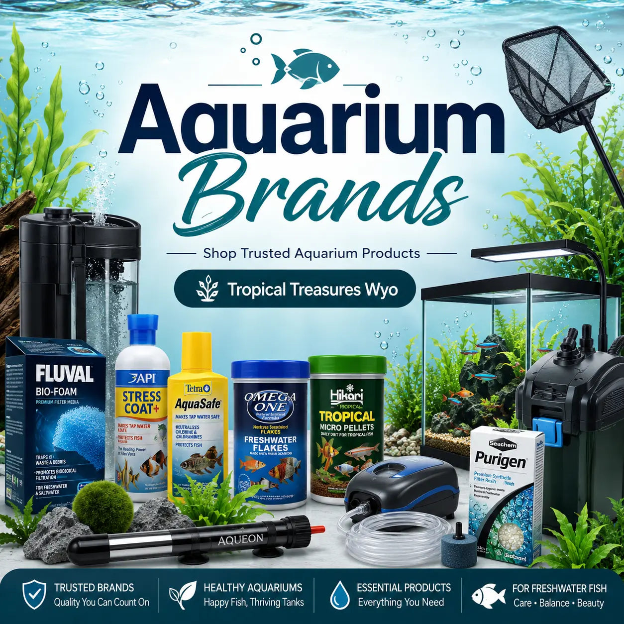 Aquarium Brands collection graphic for Tropical Treasures Wyo featuring trusted aquarium products, fish food, water conditioners, filters, heaters, aquarium equipment, and a planted freshwater tank.