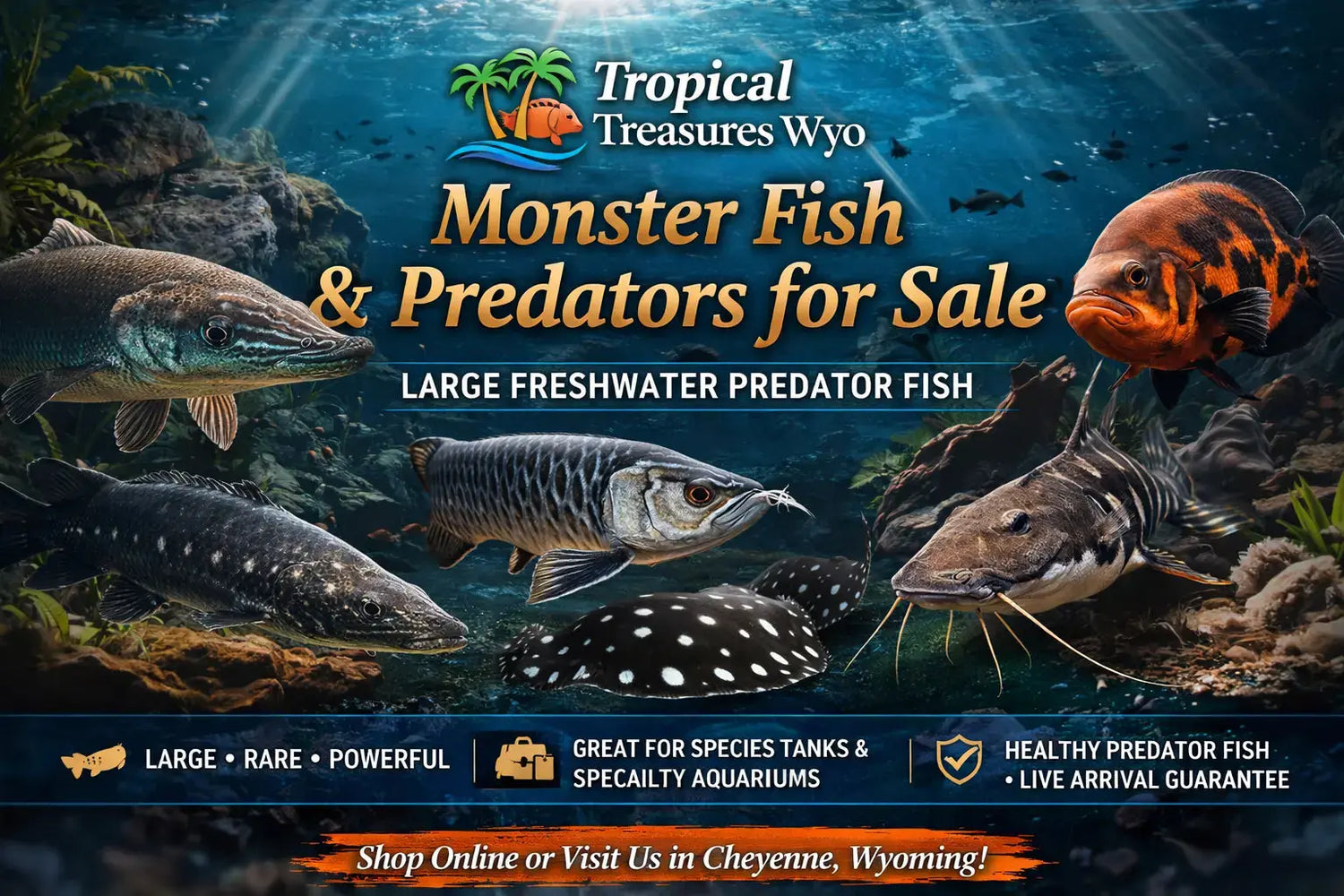 Monster fish and predators collection featuring large freshwater predator fish and specialty aquarium species at Tropical Treasures Wyo