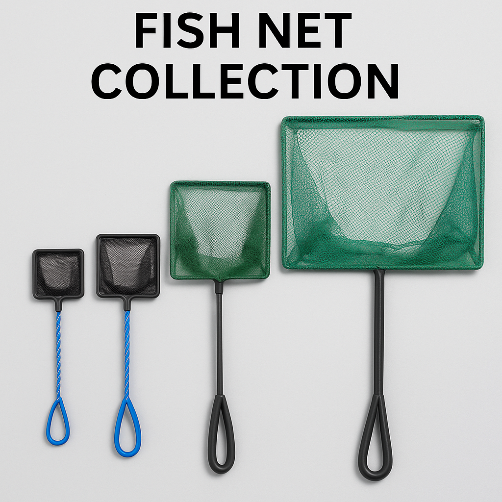 Fish Net Collection – aquarium nets in various sizes (3-inch to 10-inch) with fine and coarse mesh, designed for catching fish, shrimp, and tank maintenance.