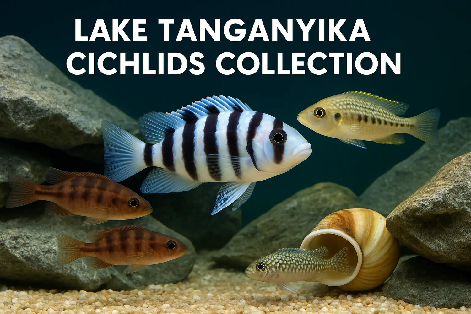Lake Tanganyika Cichlids Collection – African cichlids including Frontosa, Julidochromis, Neolamprologus, Altolamprologus, and shell dwellers in rocky aquariums.