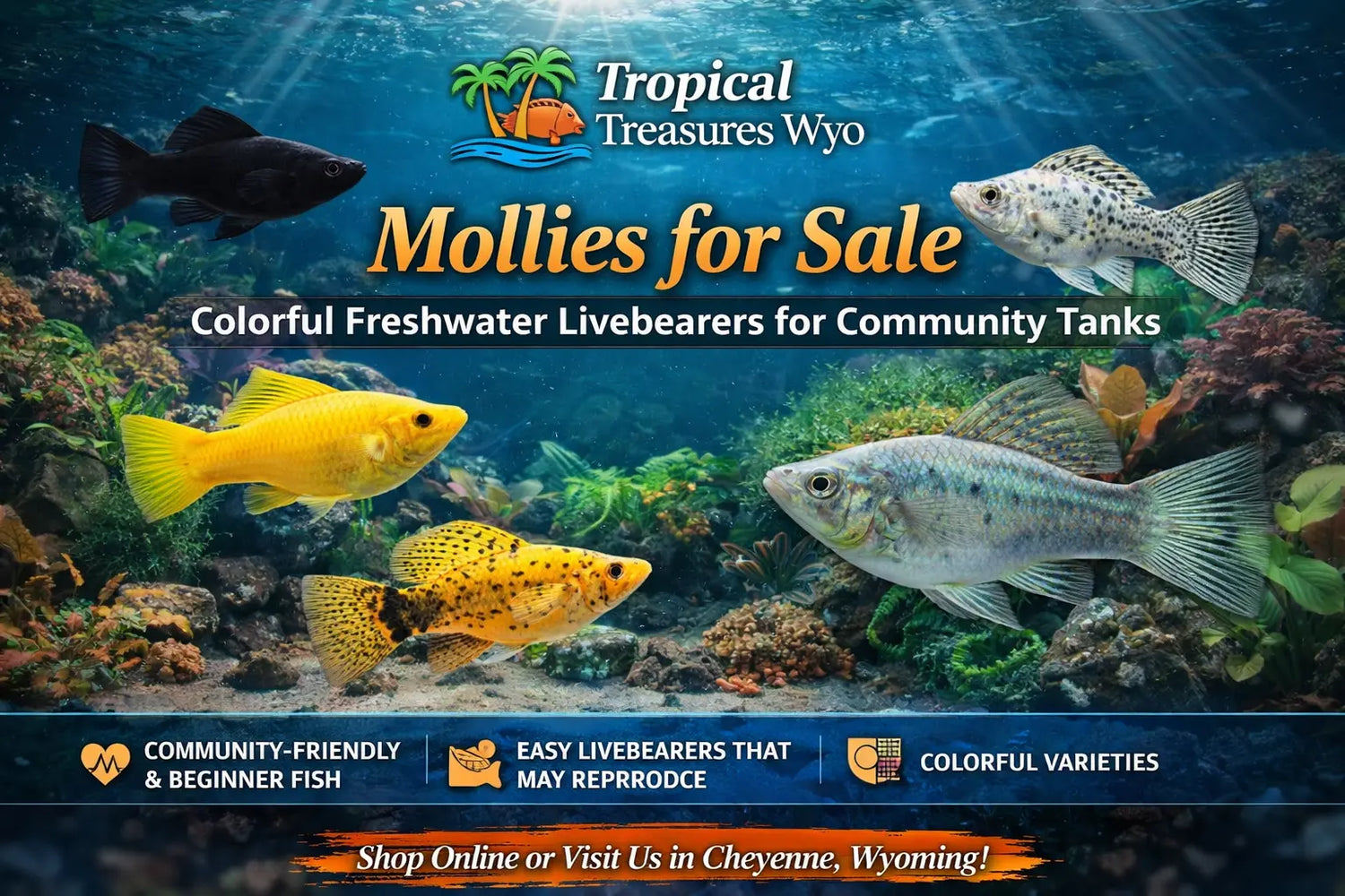Mollies collection featuring colorful freshwater livebearer fish for community aquariums and planted tanks at Tropical Treasures Wyo