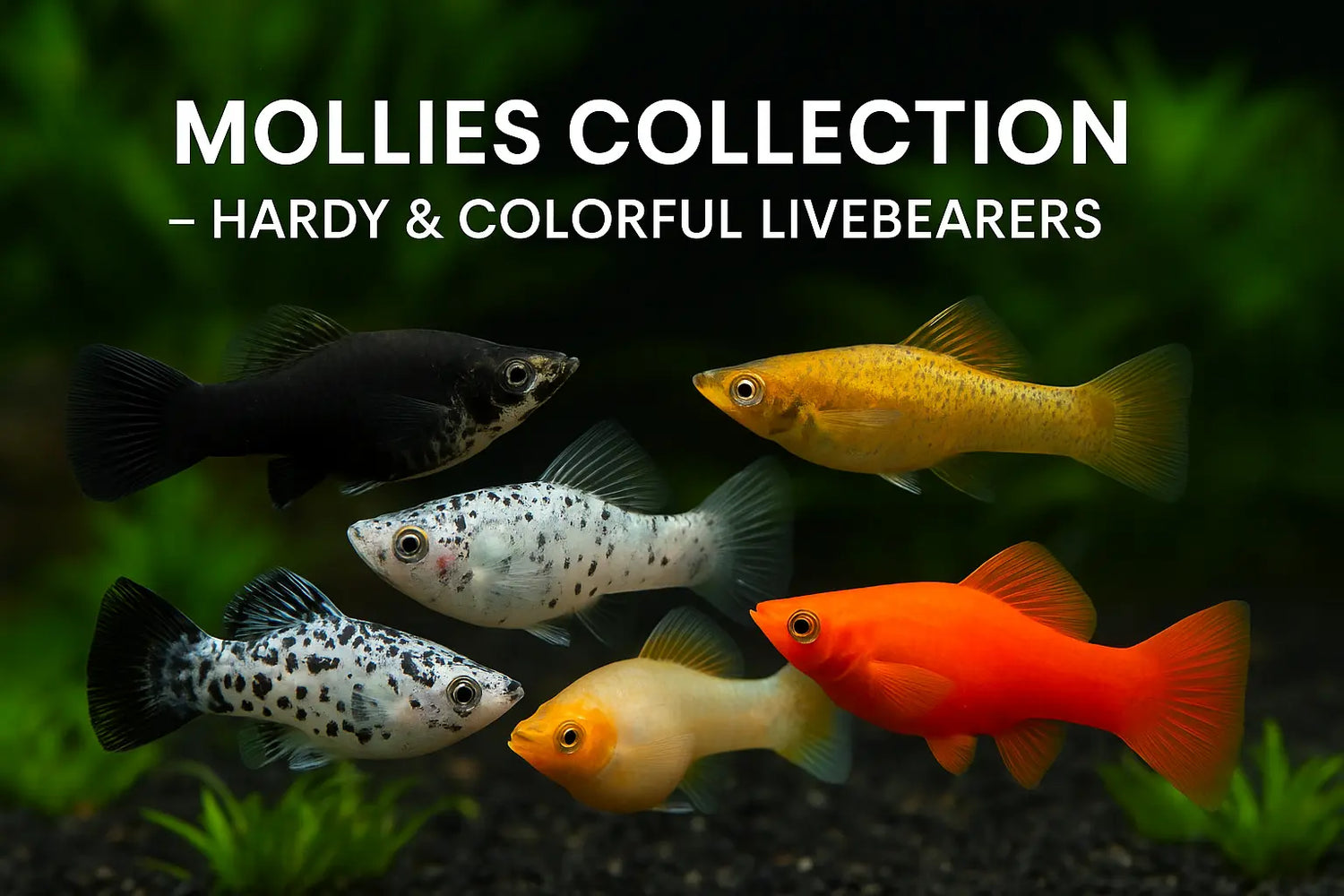 Mollies Collection – colorful livebearer fish including black mollies, dalmatian mollies, balloon mollies, and fanta mollies swimming in a freshwater planted aquarium.