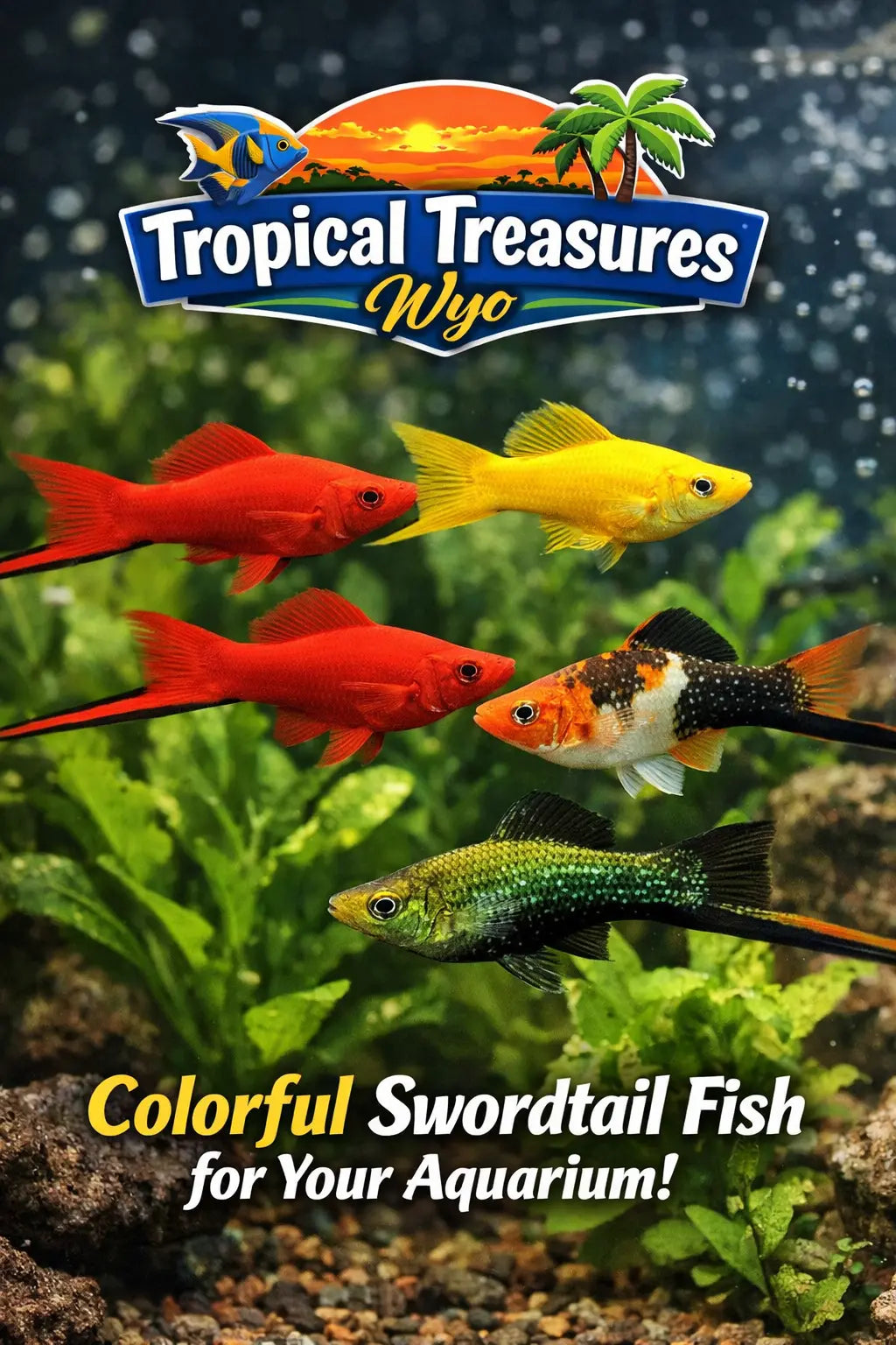 Swordtail Fish Collection – colorful livebearer freshwater fish including red, green, pineapple, and lyretail swordtails in a planted aquarium.