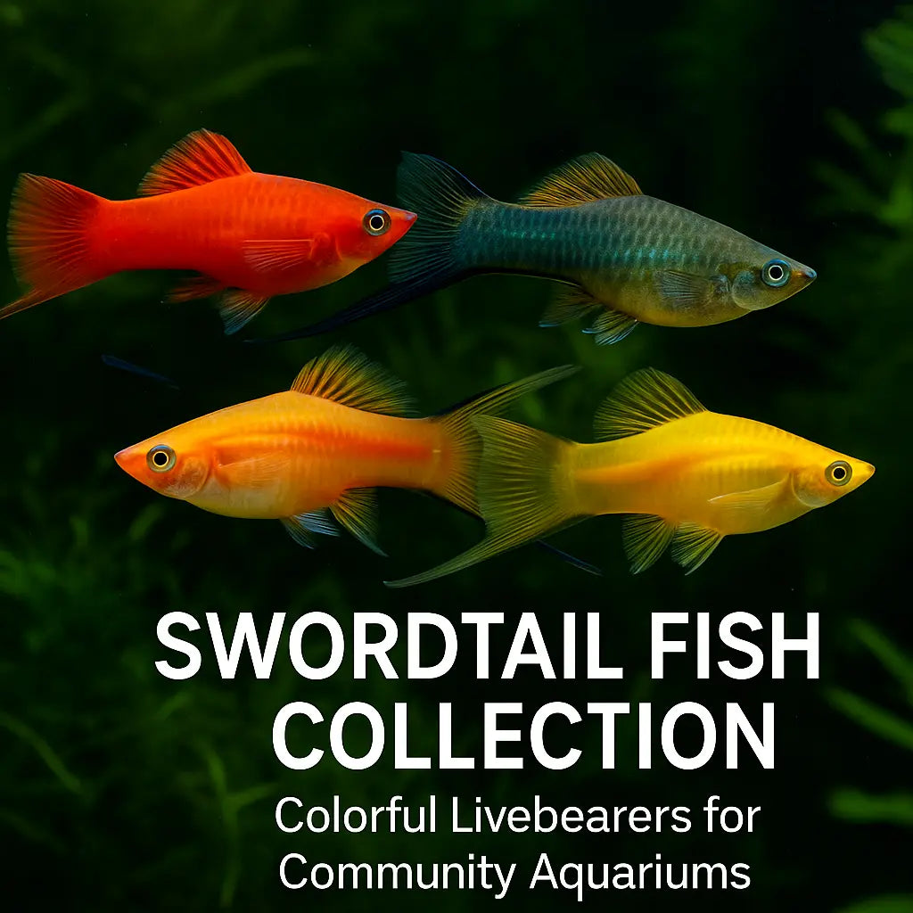 Swordtail Fish Collection – colorful livebearer freshwater fish including red, green, pineapple, and lyretail swordtails in a planted aquarium.