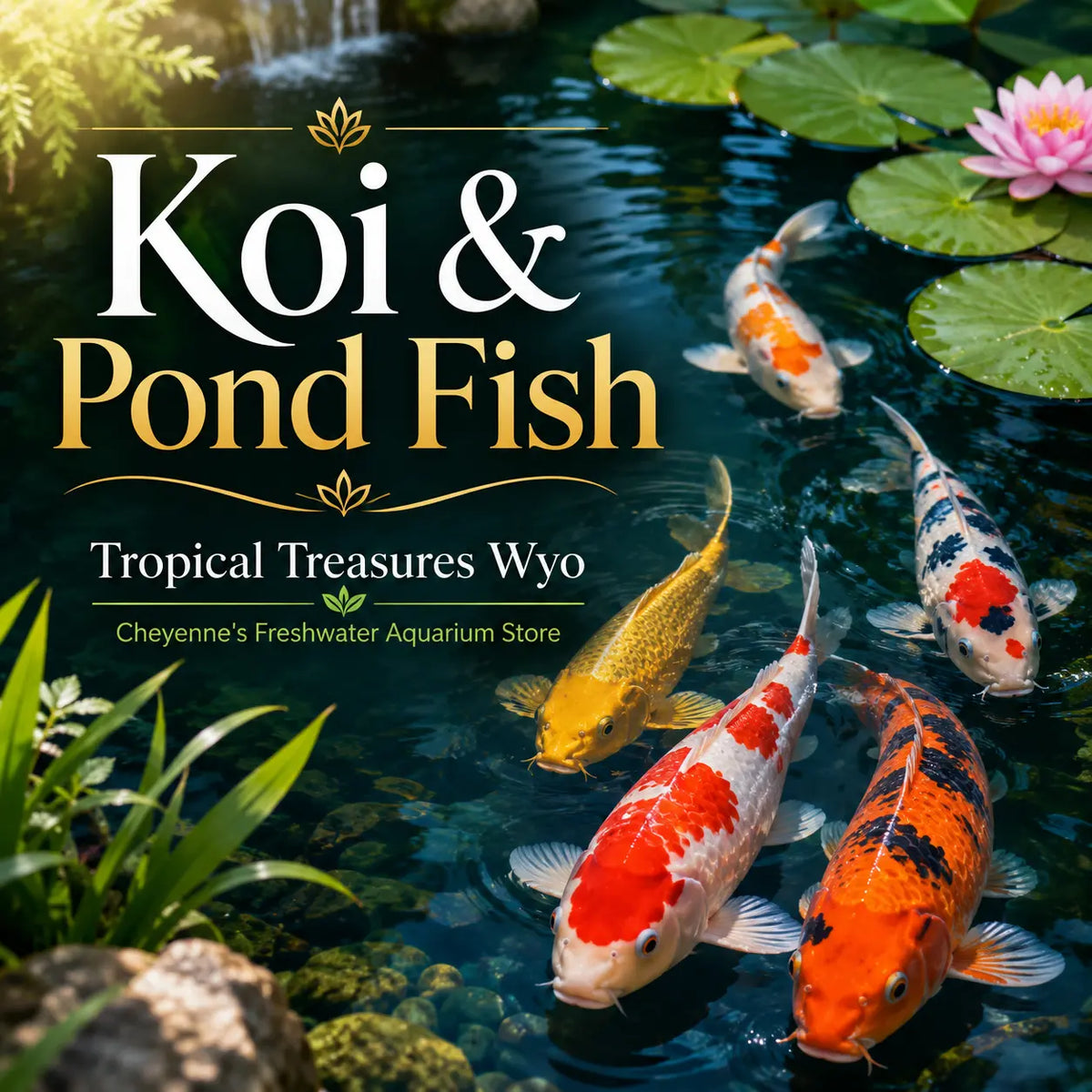 Koi and pond fish swimming in a garden pond with lily pads, branded for Tropical Treasures Wyo’s koi and pond fish collection.