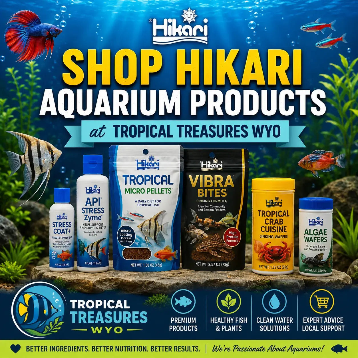 Shop Hikari Aquarium Products at Tropical Treasures Wyo banner with Hikari fish food packages