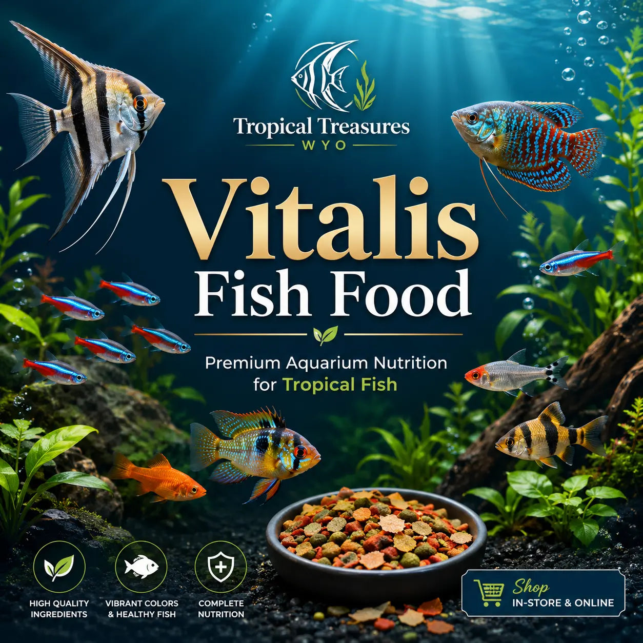 Vitalis Fish Food collection graphic for Tropical Treasures Wyo featuring tropical fish, aquarium plants, fish food flakes and pellets, and premium aquarium nutrition branding.