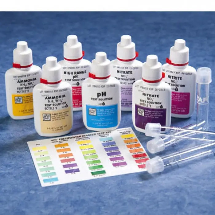 API Test Kits Collection – freshwater and saltwater aquarium water testing kits including Master Test Kit, Essentials Bundle, and individual kits for ammonia, nitrite, nitrate, pH, phosphate, and copper.