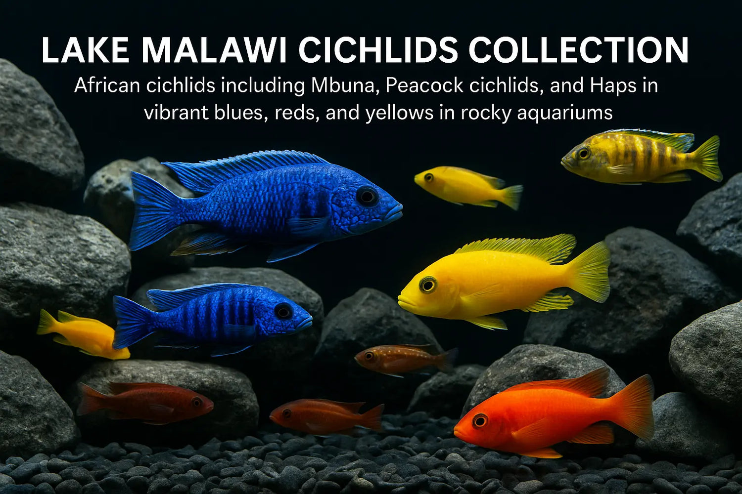 Lake Malawi Cichlids Collection – African cichlids including Mbuna, Peacock cichlids, and Haps in vibrant blues, reds, and yellows in rocky aquariums.