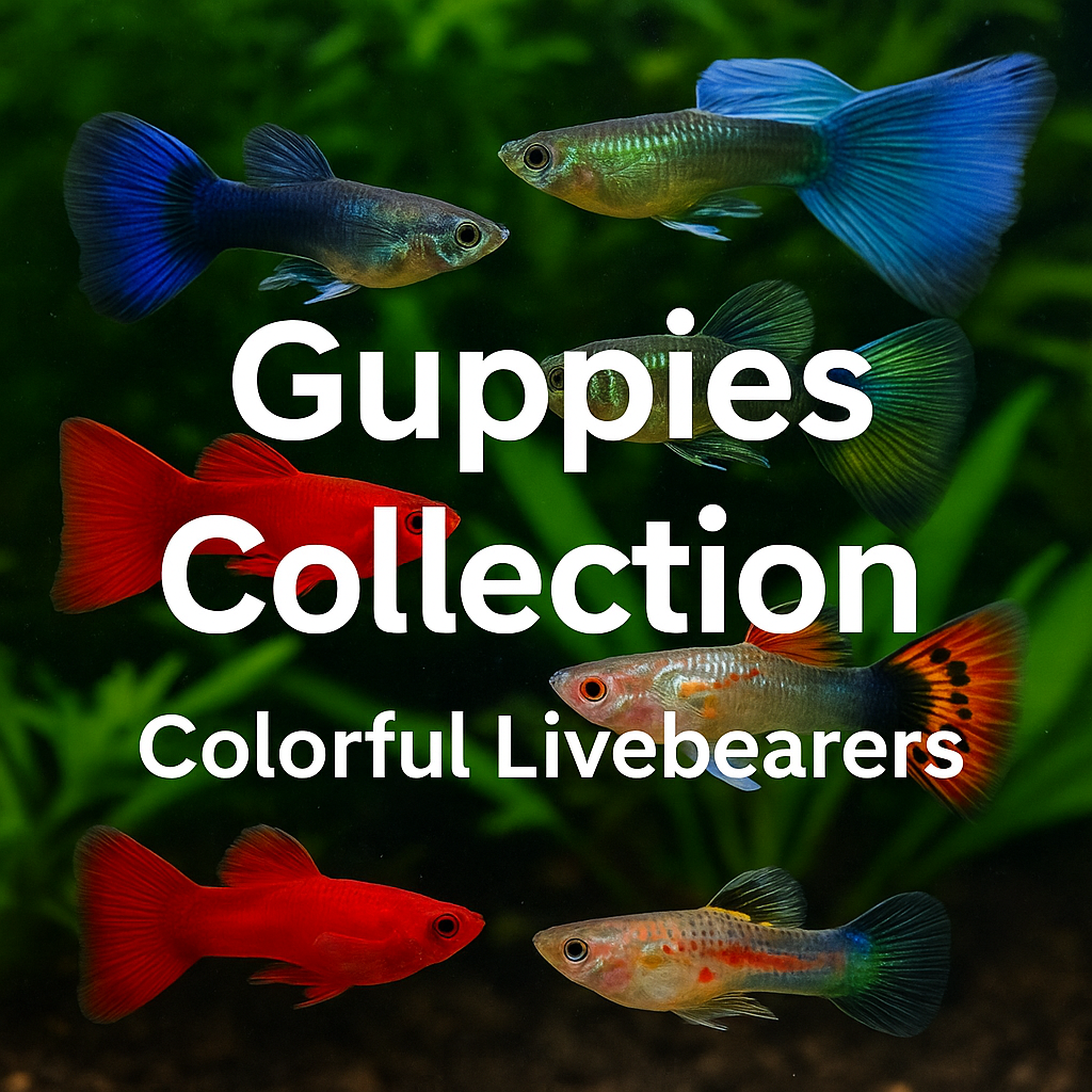 Guppies Collection – colorful livebearer fish including Full Red, Blue, Green, and specialty guppies swimming in a freshwater planted aquarium.