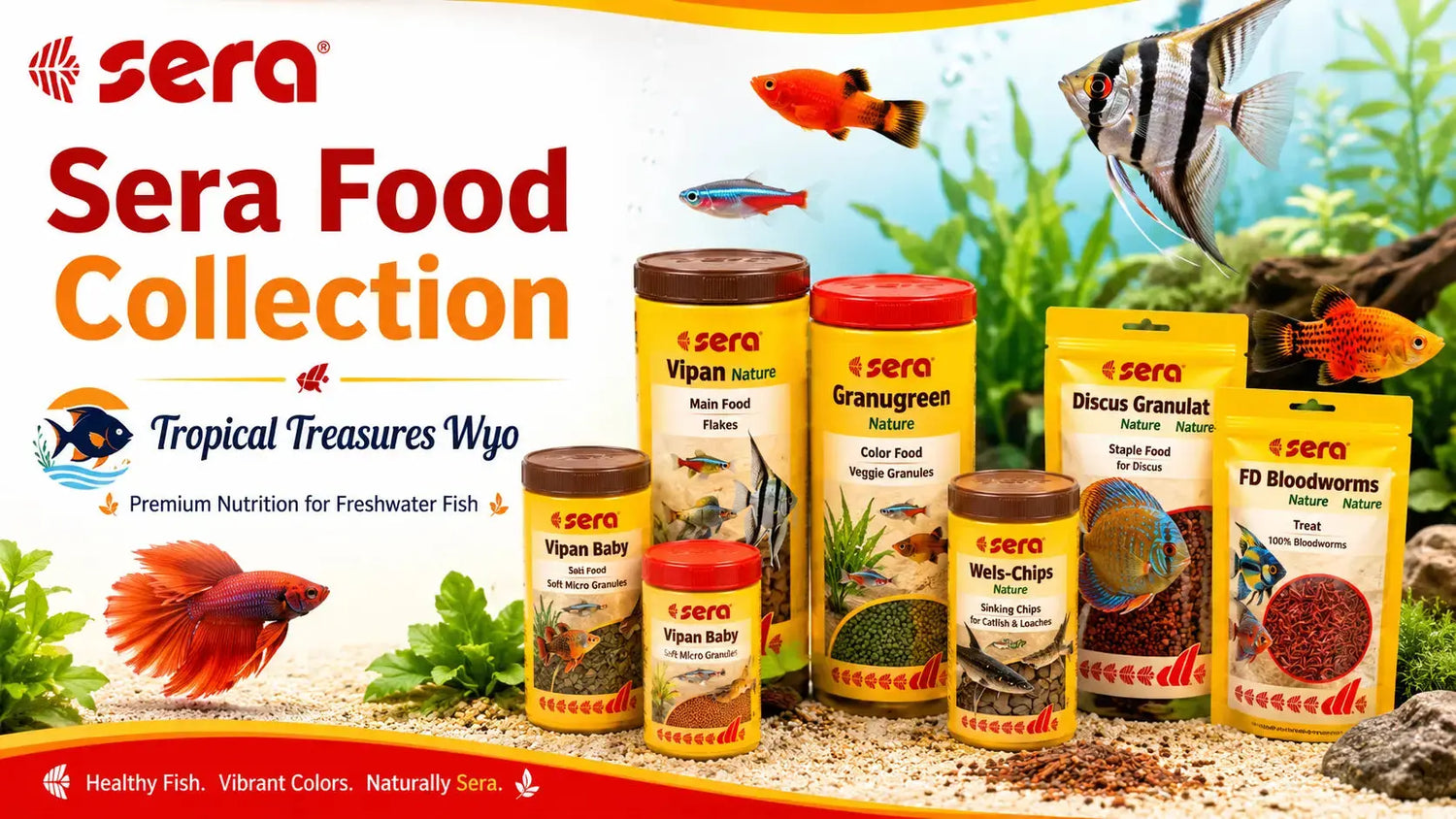 Sera fish food collection at Tropical Treasures Wyo, featuring Sera flakes, granules, and pellets for freshwater aquarium fish