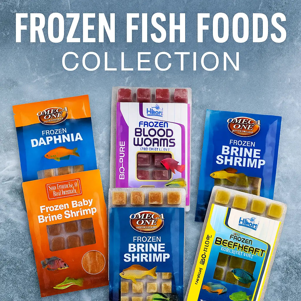 Frozen Fish Foods Collection – variety of aquarium frozen foods including brine shrimp, bloodworms, mysis shrimp, daphnia, and beef heart for freshwater and saltwater fish.