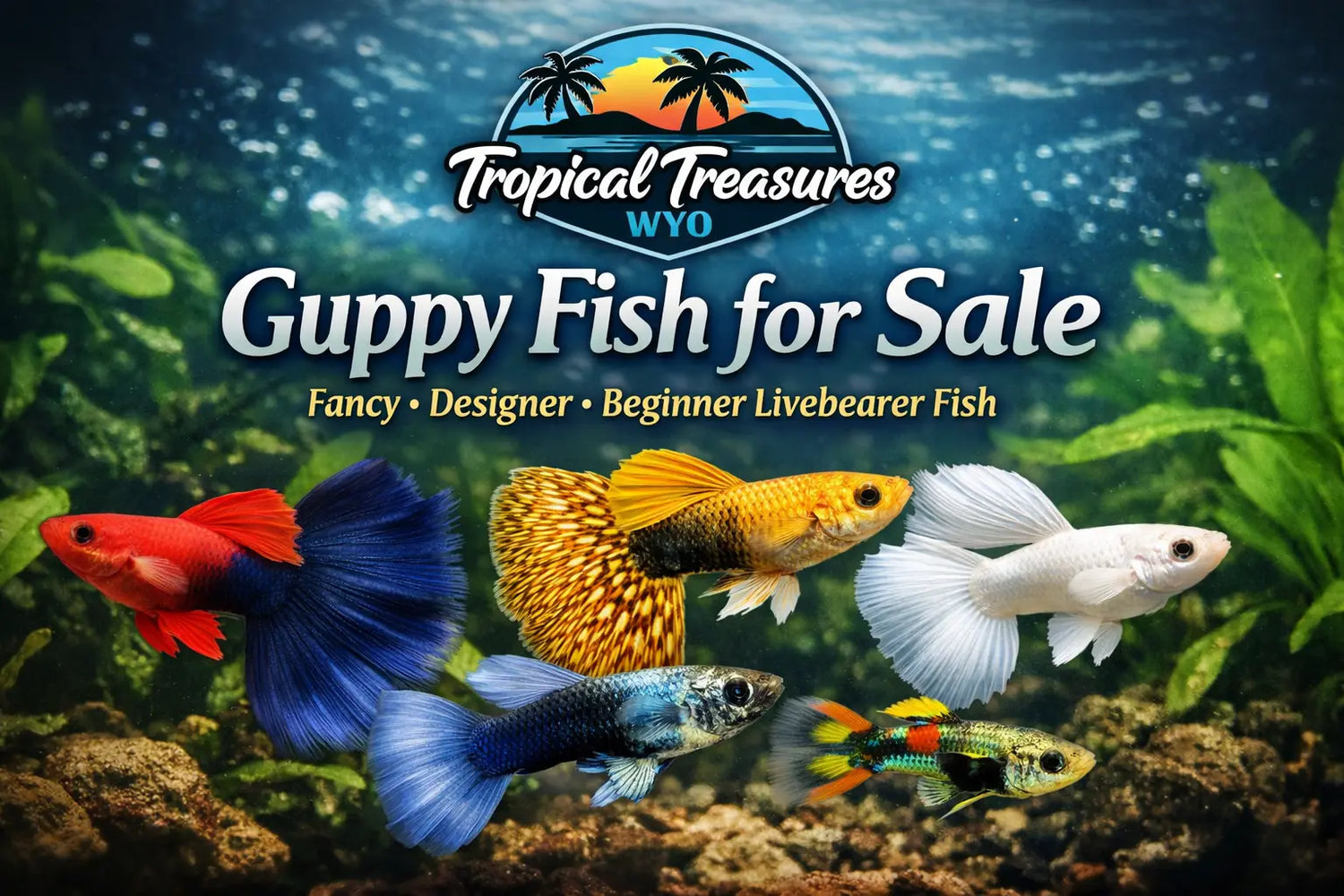 Colorful guppy fish collection featuring red, blue, yellow, and white guppies with Tropical Treasures Wyo logo – guppies for sale