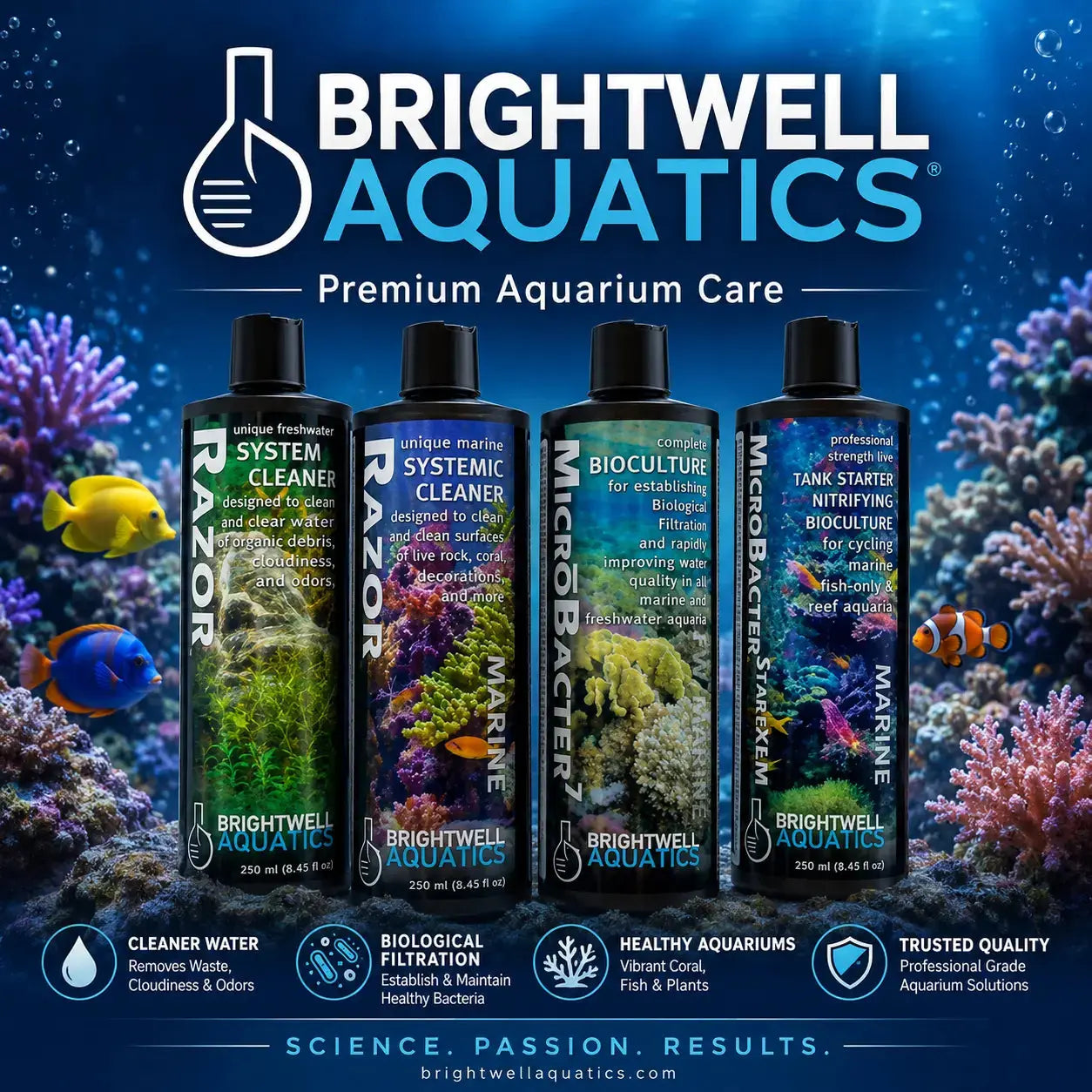 Brightwell Aquatics Premium Aquarium Care collection banner with water conditioner and supplement bottles