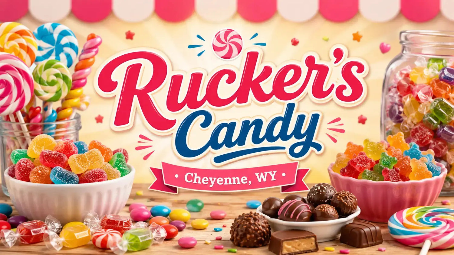 Rucker's Candy in Cheyenne, WY banner with colorful lollipops, gummy candies, and chocolates