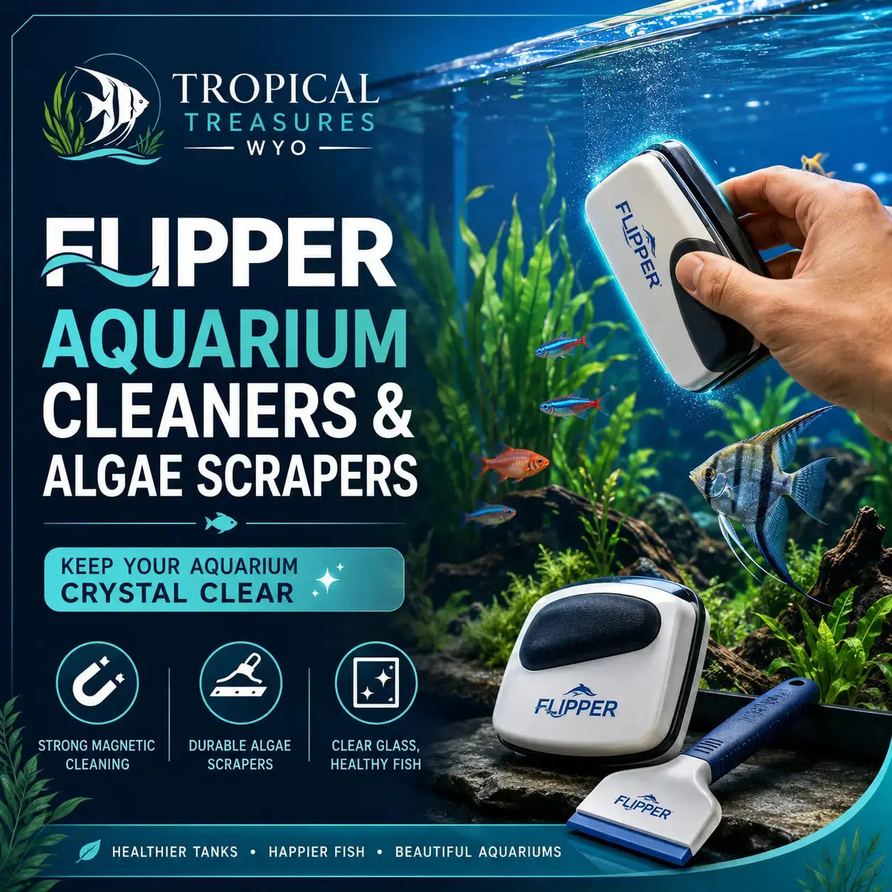 Branded Tropical Treasures Wyo collection image for Flipper Aquarium Cleaners & Algae Scrapers featuring aquarium cleaning tools, algae scrapers, and a clean, clear aquarium theme.