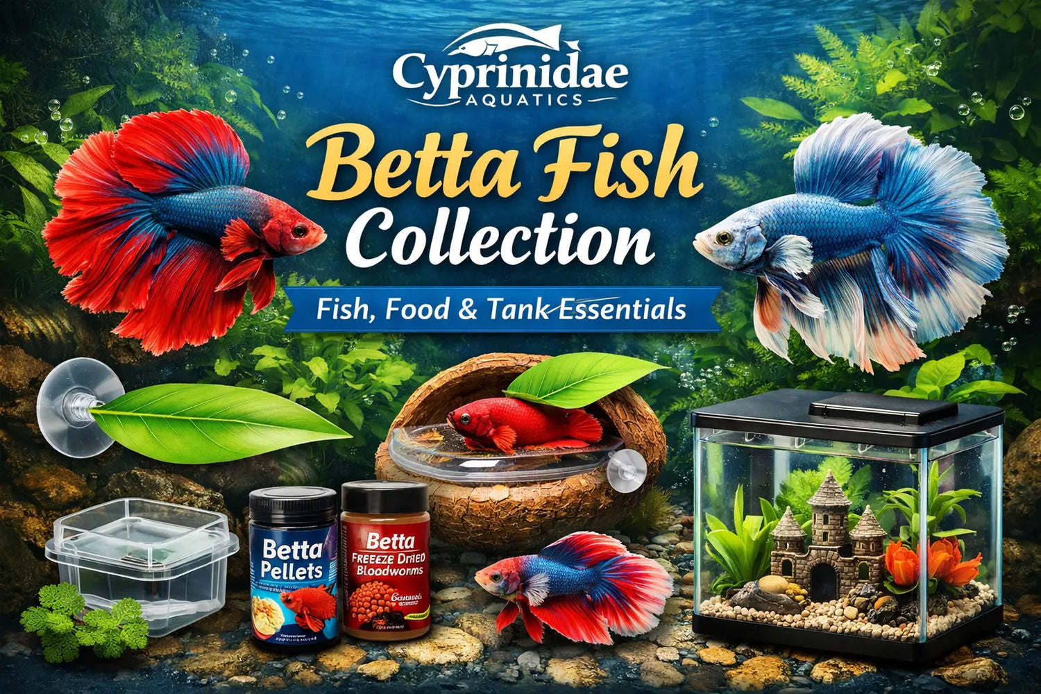 Betta fish collection featuring bettas floating lounges leaf hammocks and betta tank supplies at Tropical Treasures Wyo