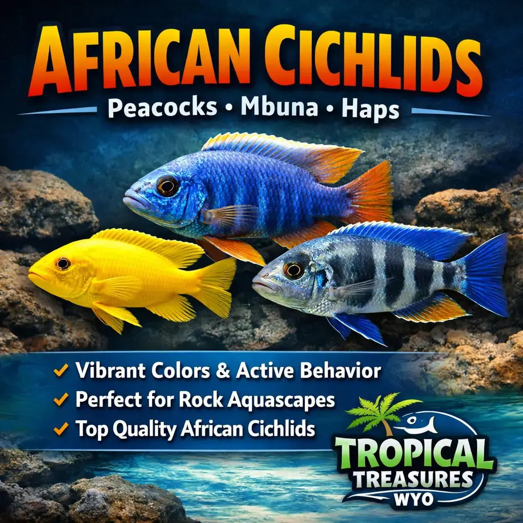 African cichlids including peacock, mbuna, and hap species in aquarium with Tropical Treasures Wyo logo – colorful freshwater fish for sale