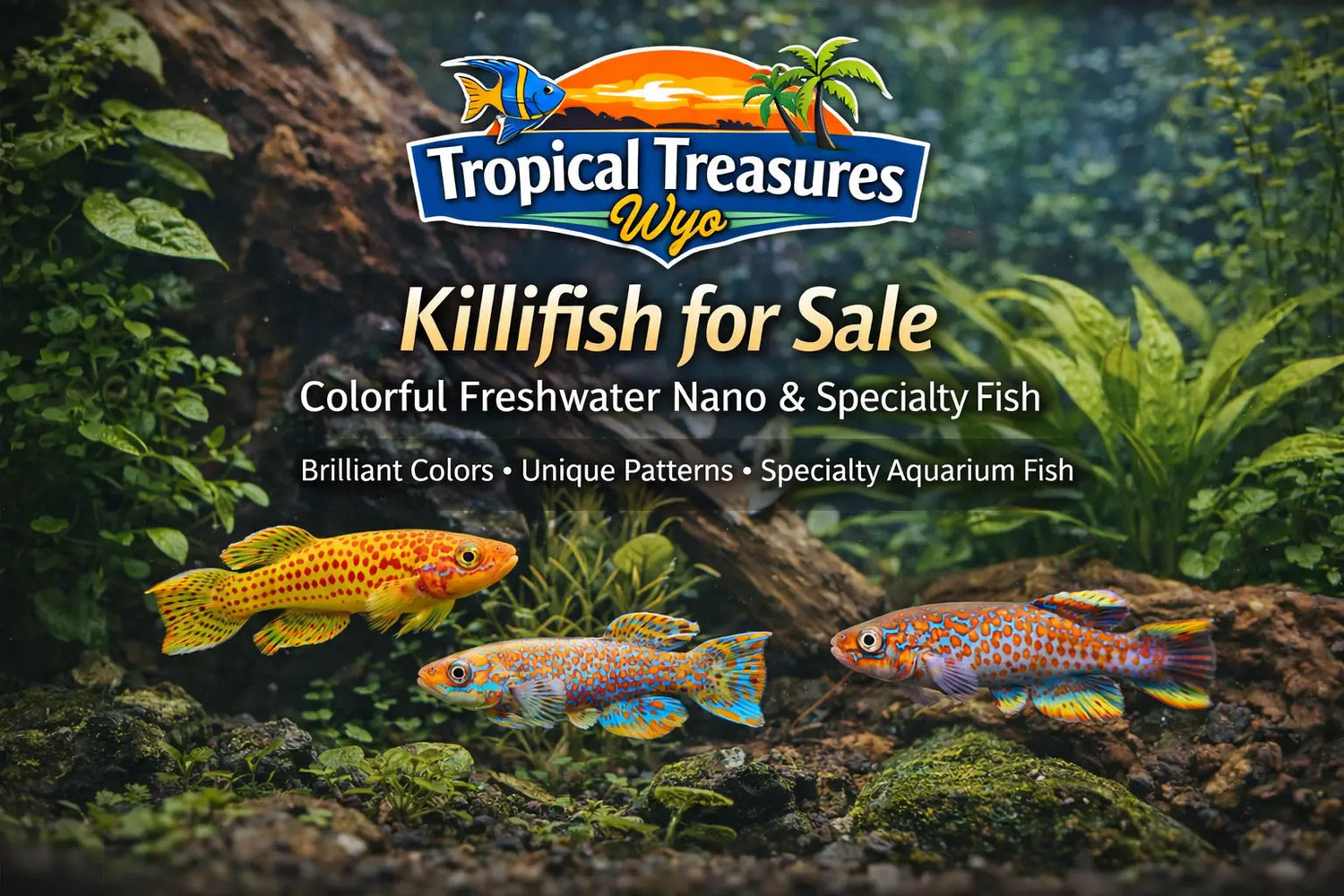 Killifish collection banner featuring colorful freshwater specialty fish in a planted aquarium with Tropical Treasures Wyo branding