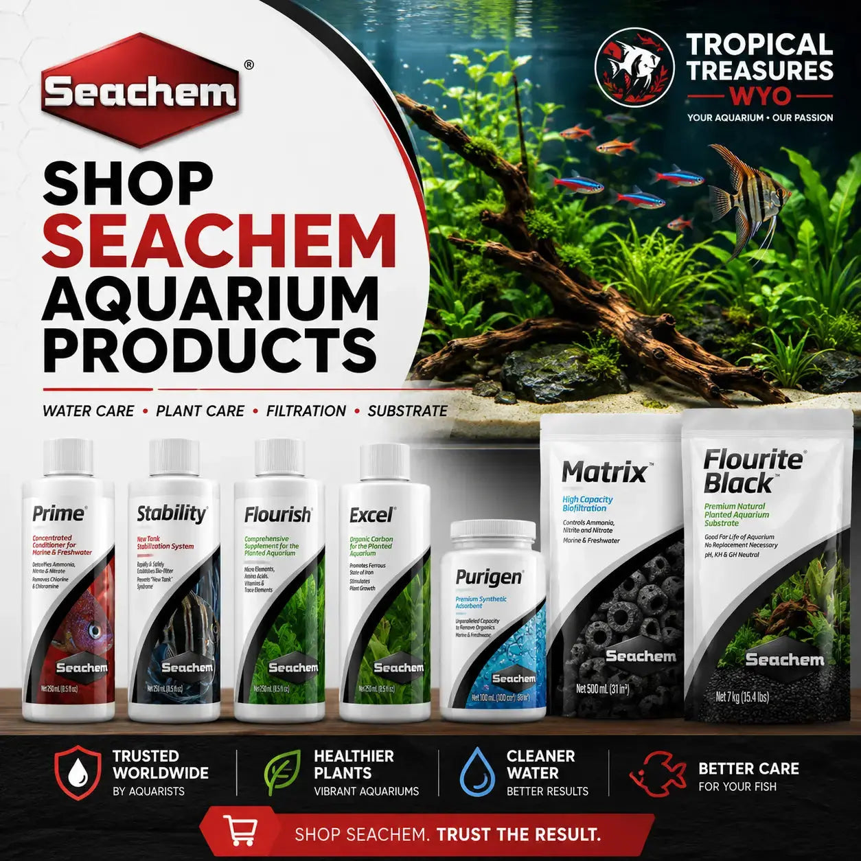 Seachem aquarium products including water conditioners filtration media plant supplements and fish care products