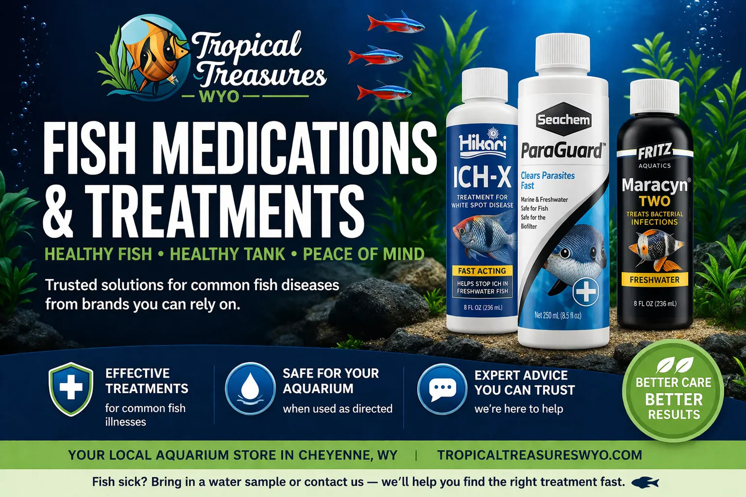 Tropical Treasures Wyo fish medications and treatments banner featuring Hikari Ich-X, Seachem ParaGuard, and Fritz Maracyn Two with healthy aquarium fish and plants background