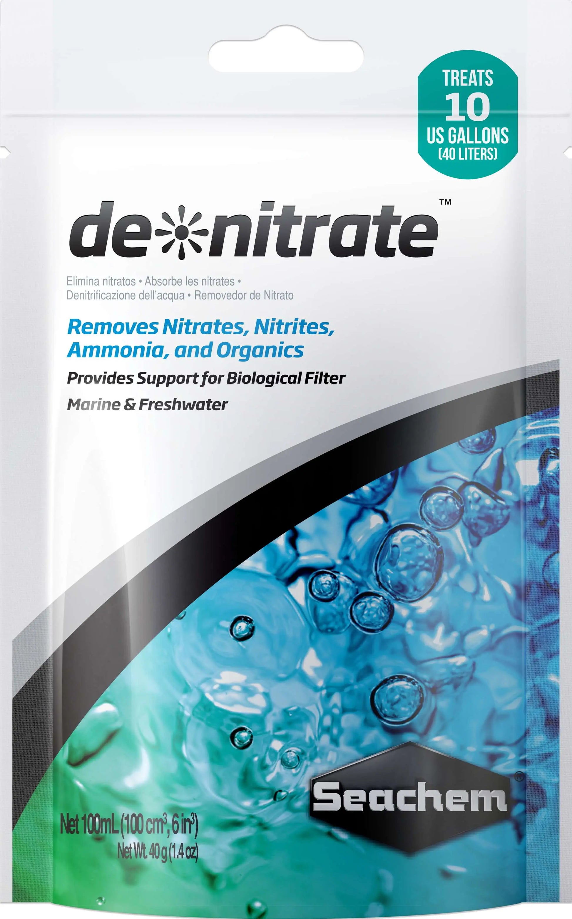 Seachem De*Nitrate 100mL biological aquarium filtration media for reducing nitrate levels in freshwater and saltwater aquariums.