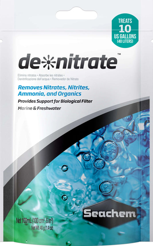 Seachem De*Nitrate 100mL biological aquarium filtration media for reducing nitrate levels in freshwater and saltwater aquariums.