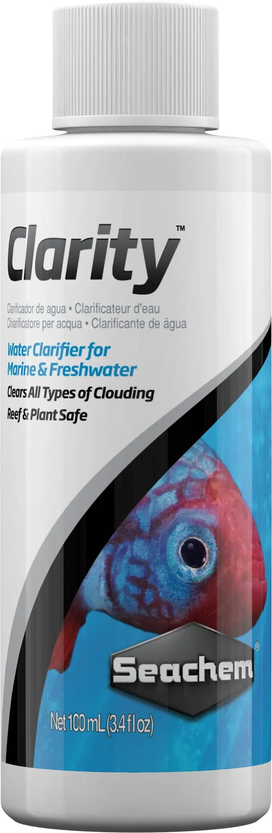 Seachem Clarity 100 mL bottle aquarium water clarifier used to clear cloudy freshwater and saltwater tanks