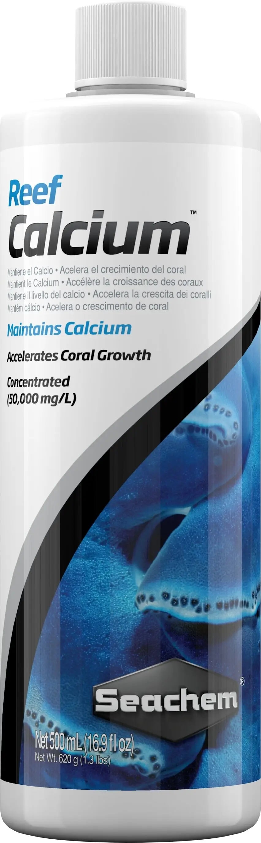 Seachem Reef Calcium 500 mL bottle calcium supplement used to maintain calcium levels in reef aquariums