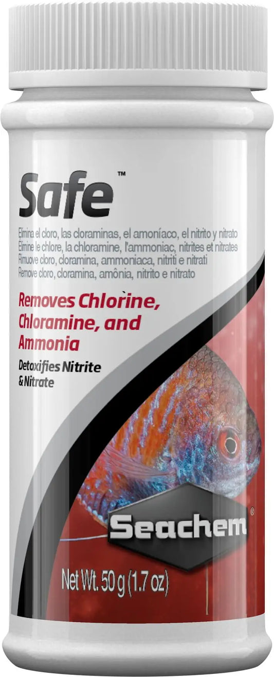 Seachem Safe 50 g dry water conditioner container used to detoxify ammonia and remove chlorine in aquariums