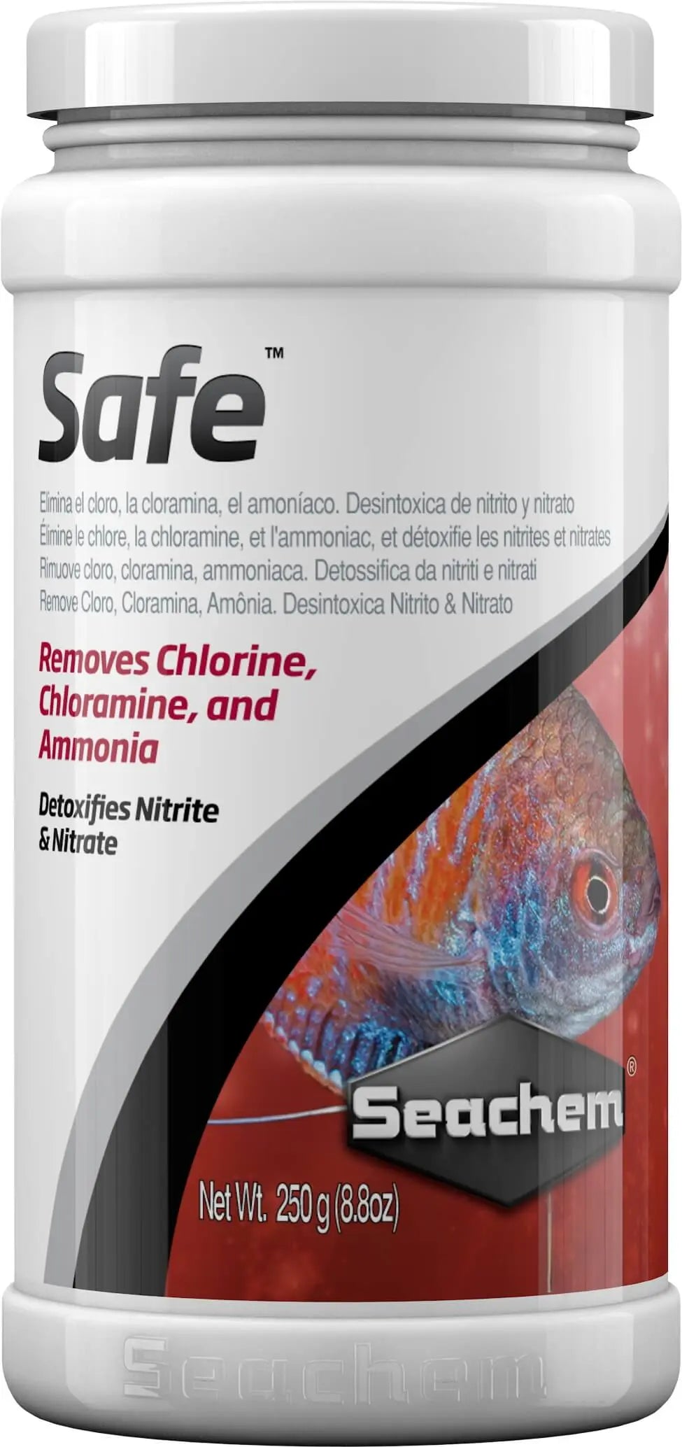 Seachem Safe 250 g dry aquarium water conditioner container for large-volume water treatment and ammonia detoxification