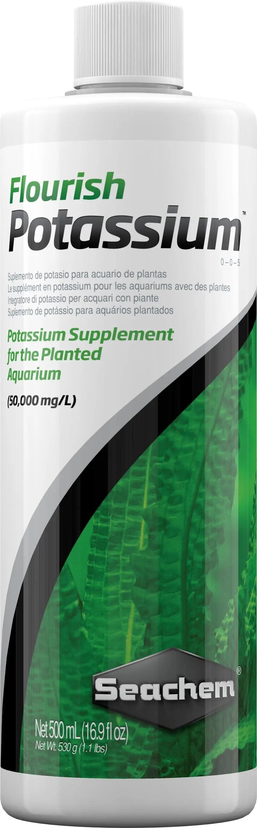 Seachem Flourish Potassium 500 mL – concentrated potassium supplement for planted aquariums promoting strong and healthy plant growth.