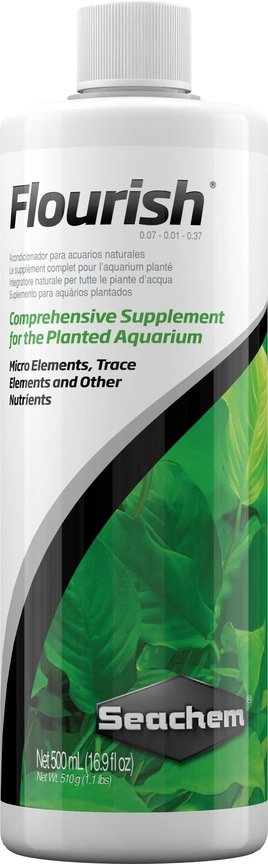 Seachem Flourish 500 mL – complete aquarium plant fertilizer with essential trace elements for lush, healthy aquatic growth.