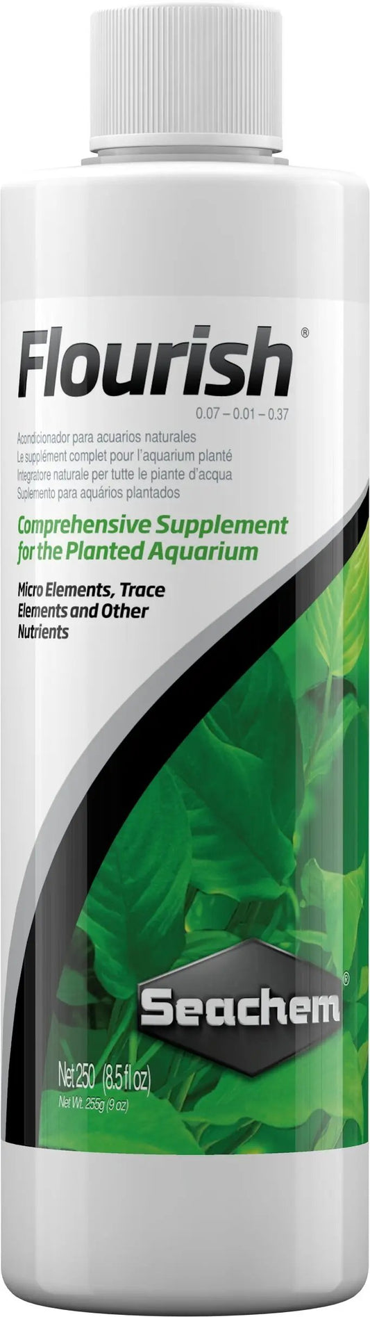 Seachem Flourish 250 mL – comprehensive plant supplement providing trace elements and nutrients for planted aquariums.