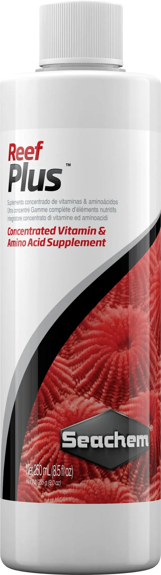 Seachem Reef Plus 250 mL bottle vitamin and amino acid supplement for reef aquariums