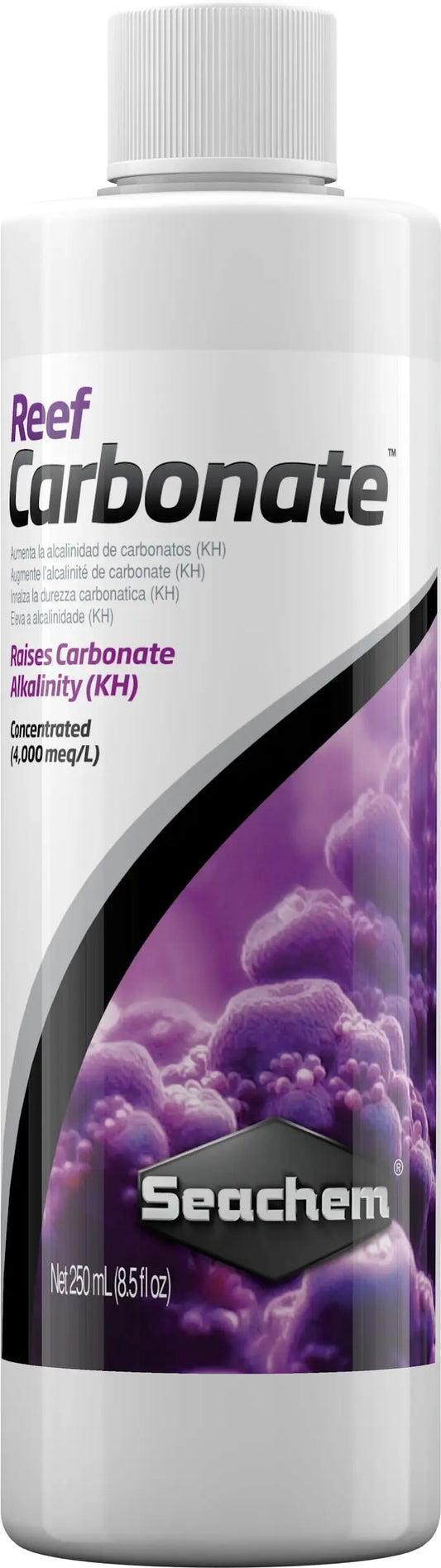 Seachem Reef Carbonate 250 mL bottle alkalinity buffer used to stabilize pH and KH in reef aquariums