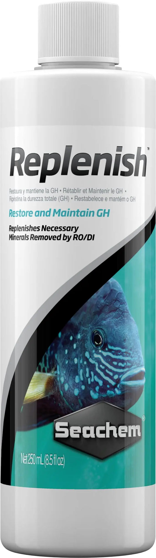 Seachem Replenish 500 mL bottle freshwater mineral supplement used to raise GH in planted and shrimp aquariums