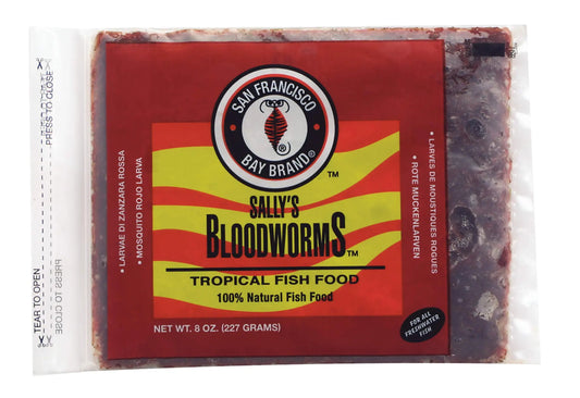 “San Francisco Bay Brand Bloodworms Flatpack – 8 oz frozen aquarium fish food, high-protein diet for freshwater and marine fish, in-store pickup only.”