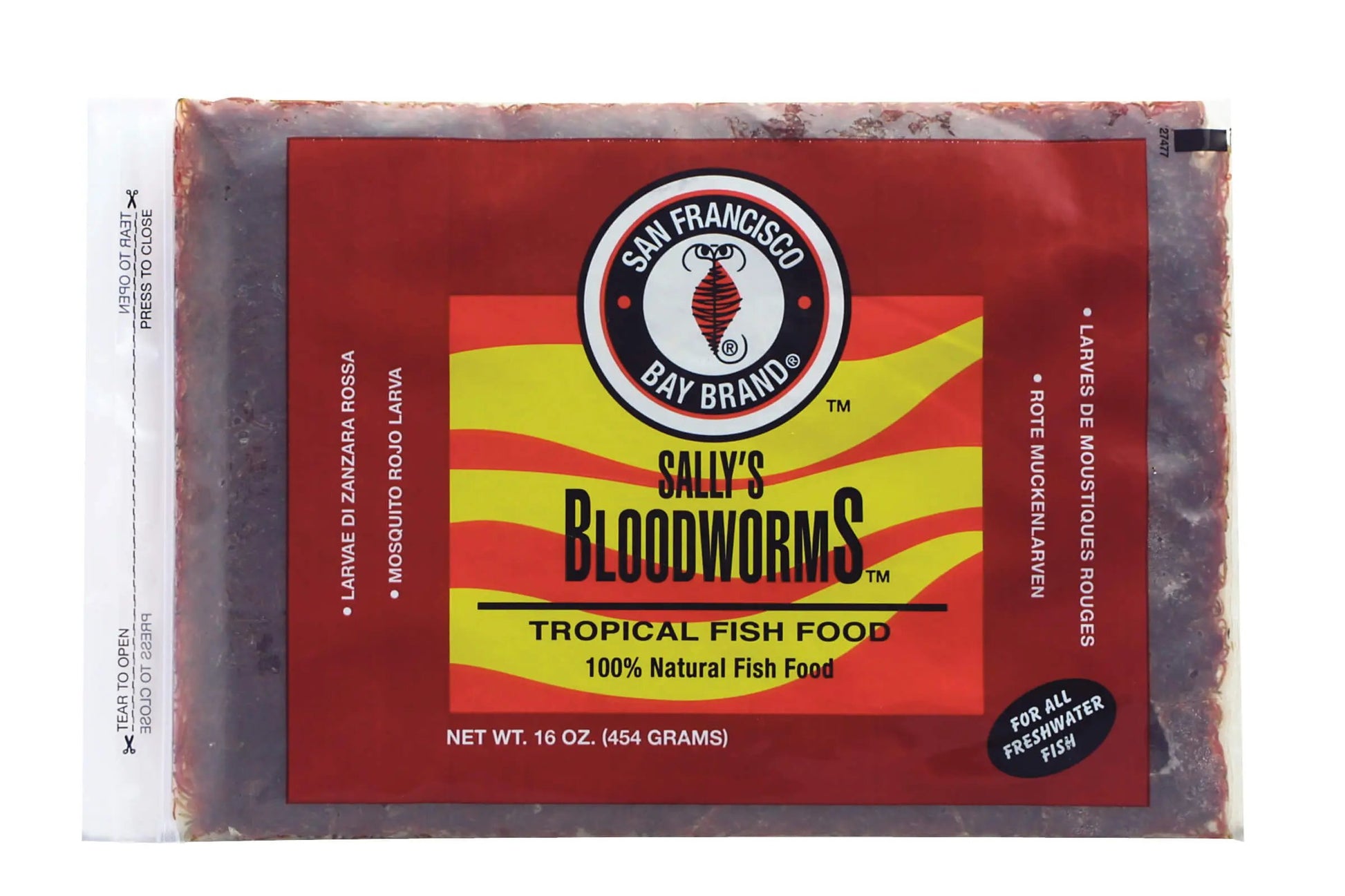 San Francisco Bay Brand Bloodworms Flatpack – 16 oz frozen high-protein aquarium fish food for freshwater and marine species, available in-store only.