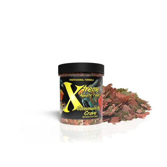 Xtreme Community Crave® – Krill/Spirulina Flakes, 0.5 oz container of premium tropical fish food for freshwater community aquariums.