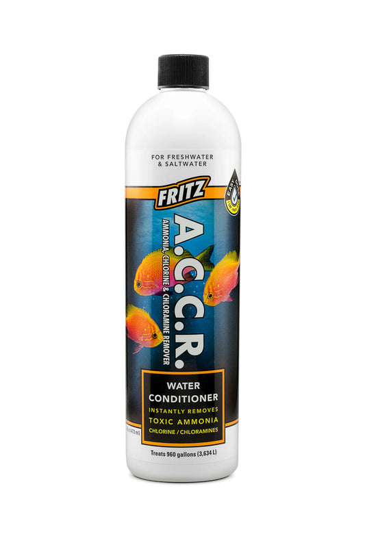 Fritz A.C.C.R. Liquid 4 fl oz – aquarium-safe water conditioner that instantly removes ammonia, chlorine, and chloramines while preserving pH and oxygen levels.