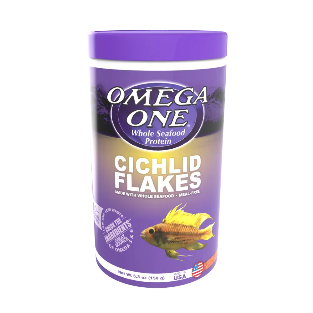 Omega One Cichlid Flakes 1 oz premium salmon-based cichlid fish food container